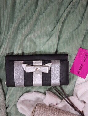 Betsy Johnson Black and Silver Striped Bow Wallet